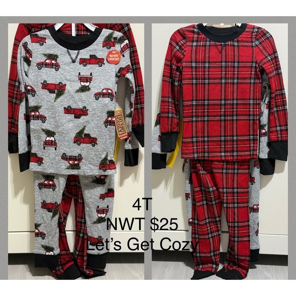 Lets Get Cozy 4T Christmas tree PJs Pajama Red Plaid Grey Truck NWT 4pc set